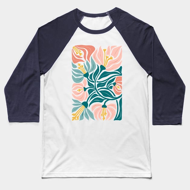 Pink Teal Abstract Flowers Baseball T-Shirt by JunkyDotCom